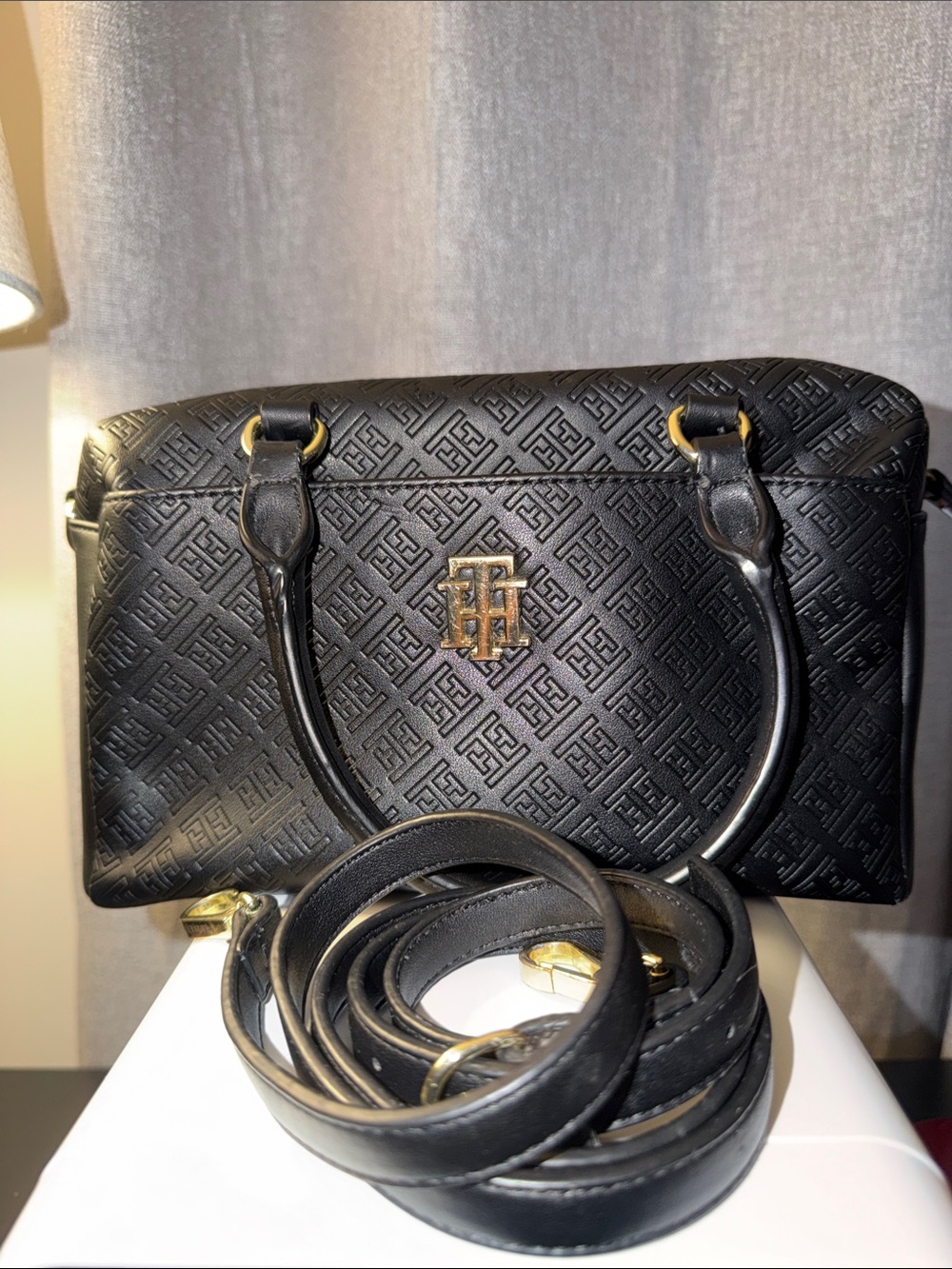 Tommy Hilfiger Black Embossed Satchel with Gold Hardware